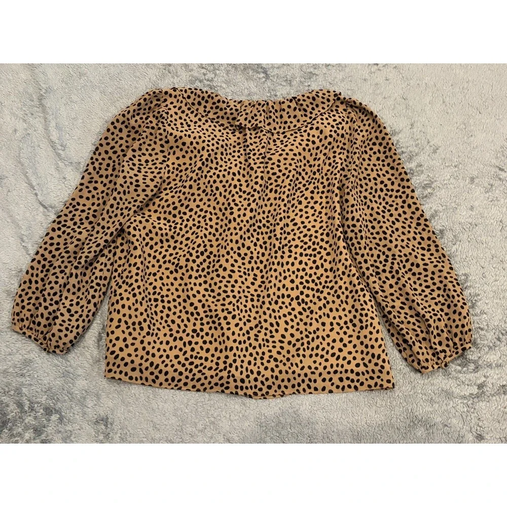 J Crew Smocked Puff Sleeve Blouse Womens Medium Brown Spotted Ruffle V-Neck Top